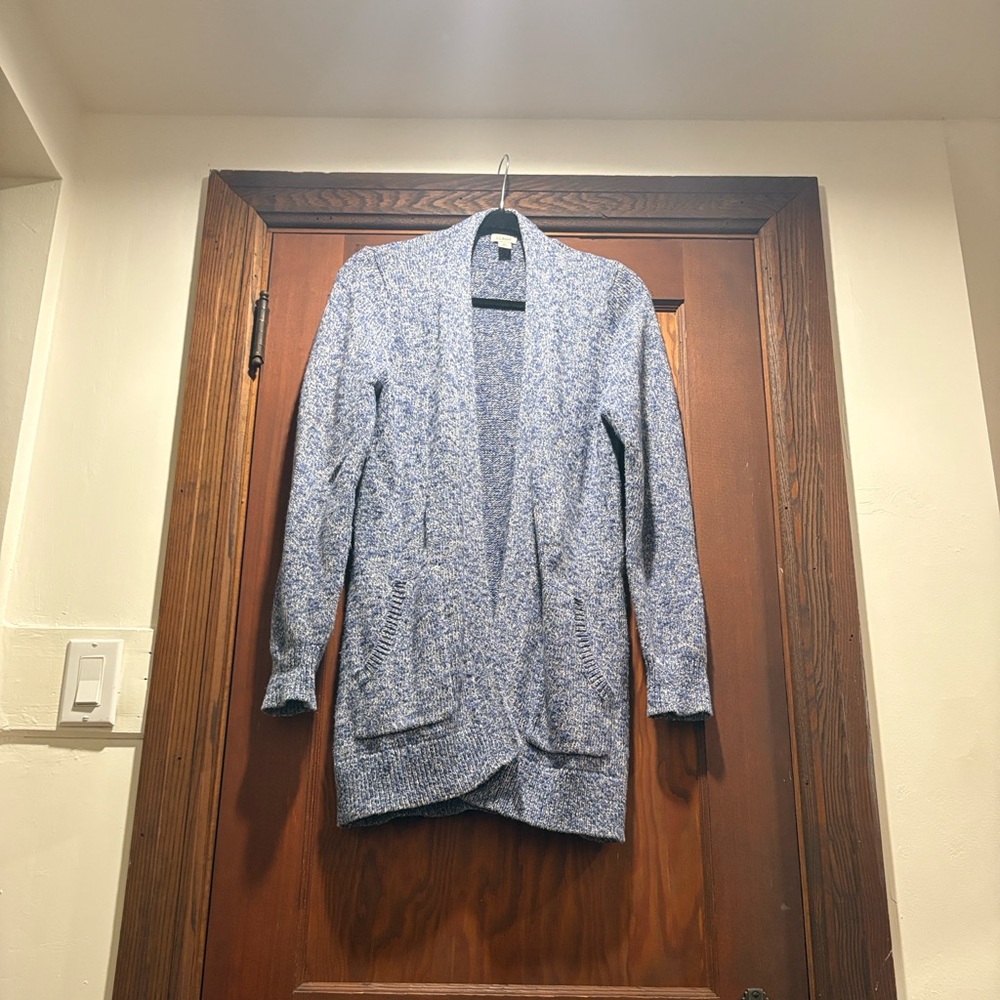 LL Bean Open Cardigan Sweater Women’s M Heather Blue Pockets Cotton